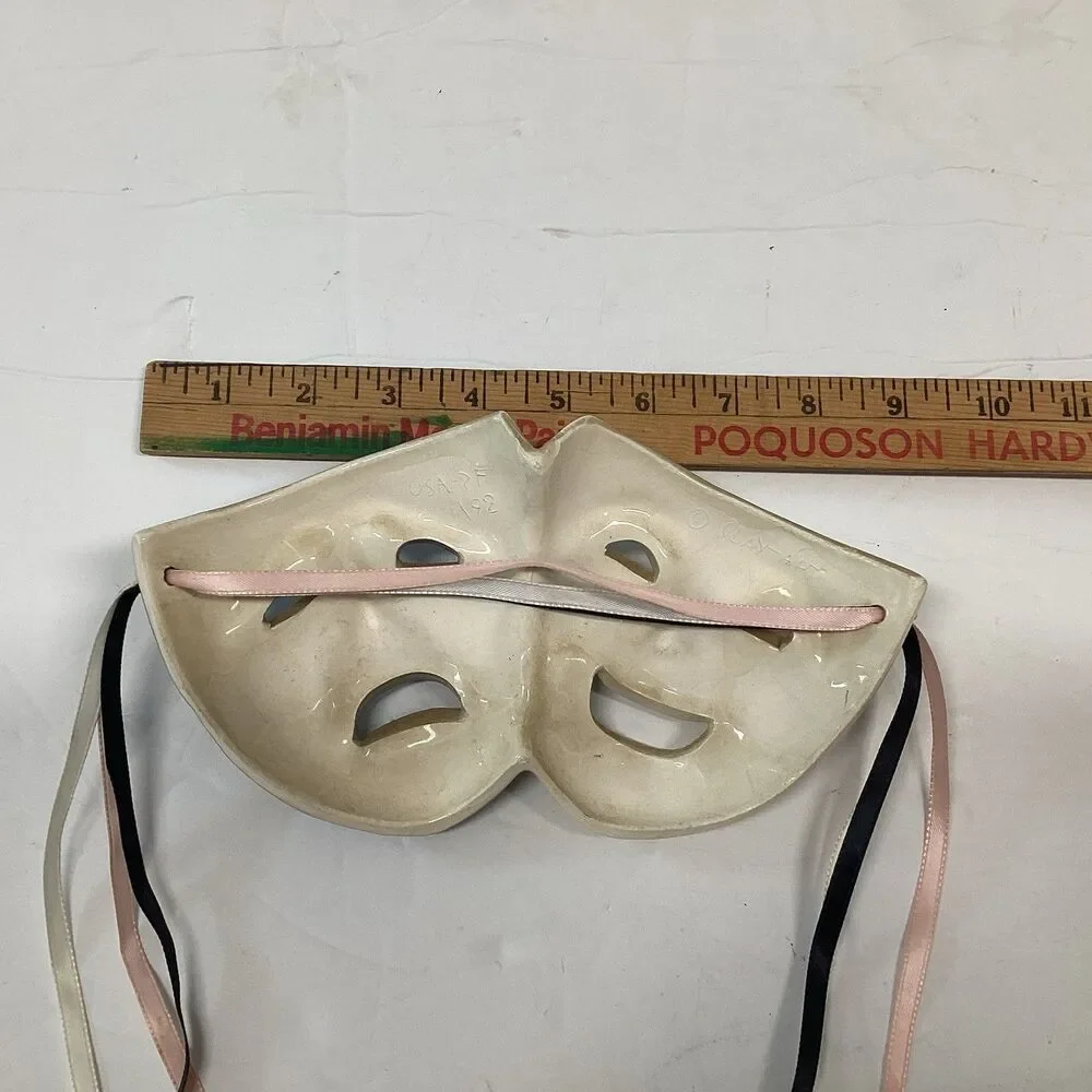 vtg clay art mask classic comedy tragedy faces 1992 glossy hanging ribbons